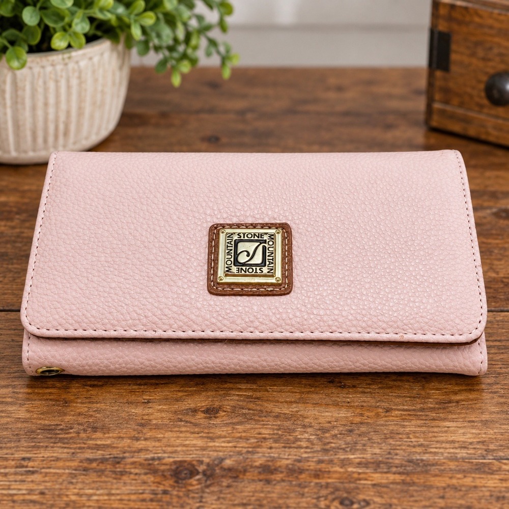 Stone Mountain Pink Pebbled Leather Trifold Wallet Brown Interior 7x4 Minimalist
